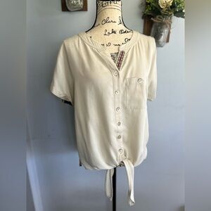 John Mark blouse buttons‎ up artsy bohemian festive front knotted great quality